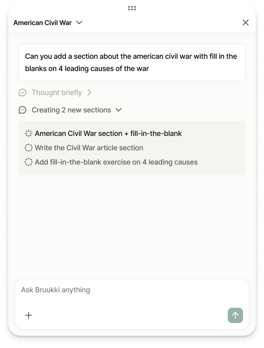Bruukki AI showing a checklist while creating two new sections