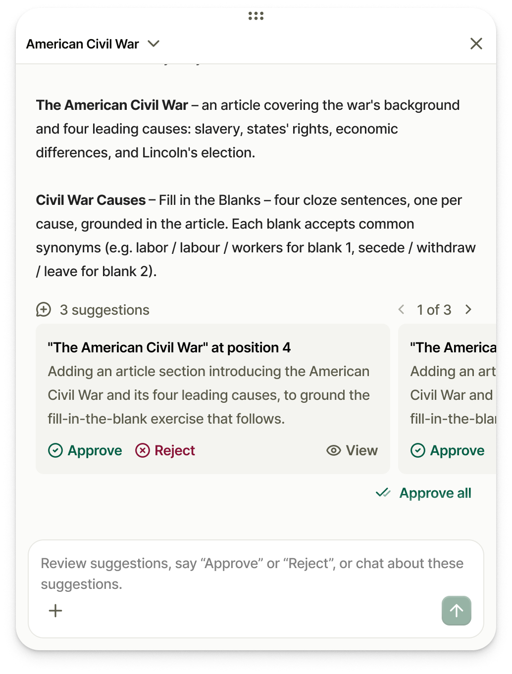 Bruukki AI listing three suggestions with Approve, Reject and View controls