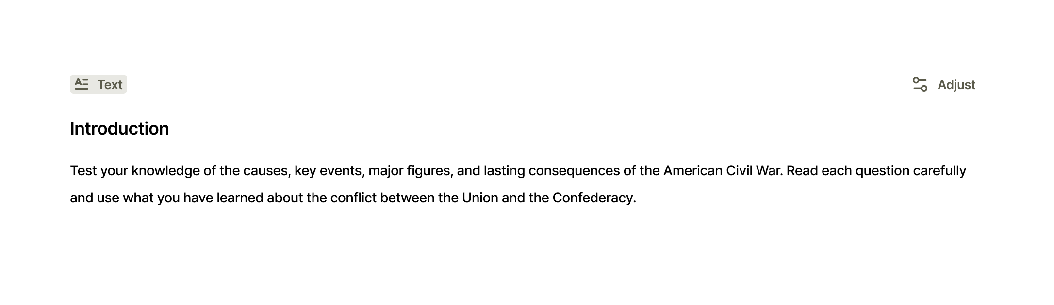 A text section titled Introduction, with a Text label and an Adjust control